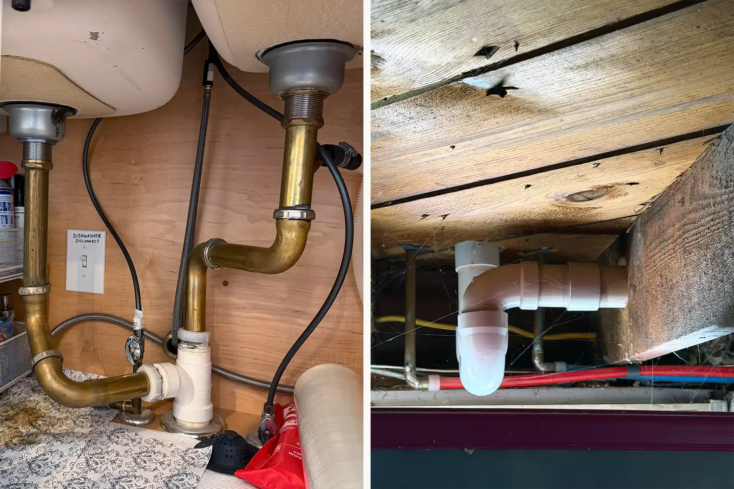 Dual sink waste piping assembly and subfloor ceiling joist drain line inspection
