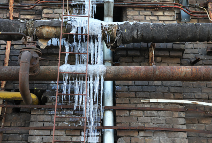 Severe Sub-Zero Pipe Freezing with Icicles Dripping Down Exposed Exterior Brick Wall