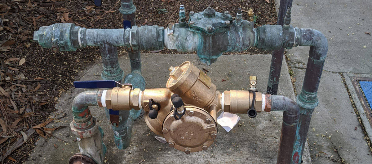 Brand new lead free brass Reduced Pressure Zone RPZ backflow preventer valve assembly installed with copper lines