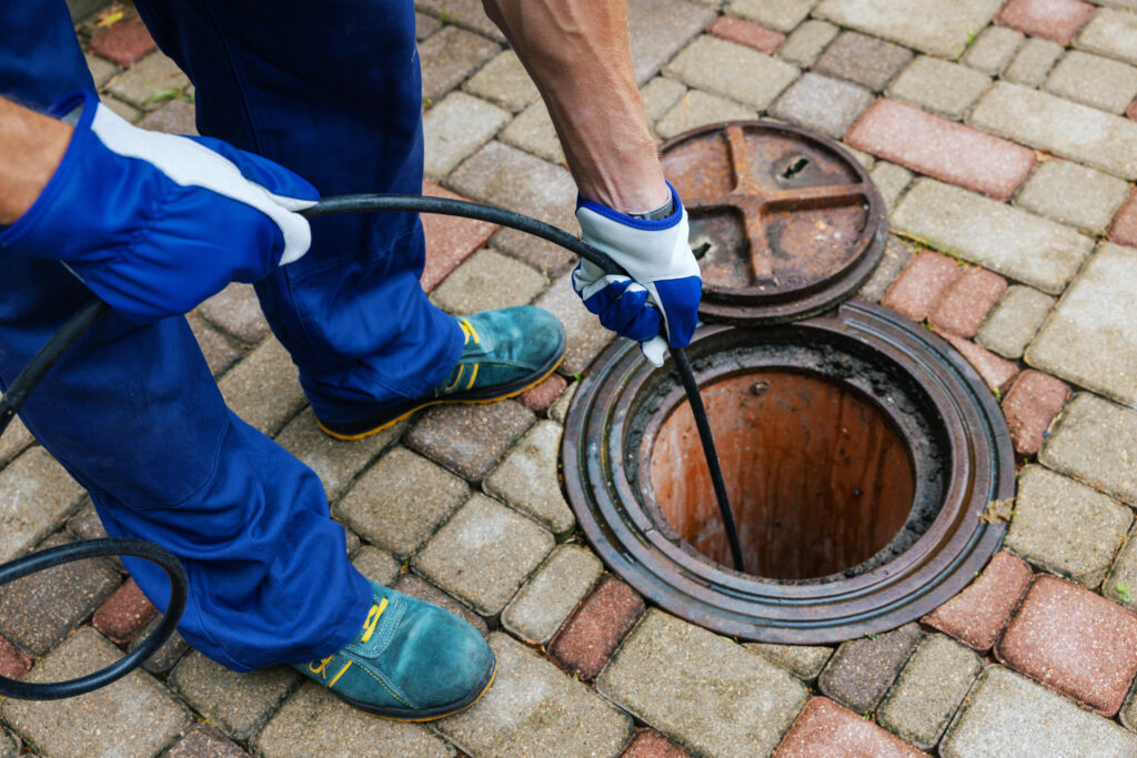 Sewer Scope Technician Feeding Video Inspection Camera Cable into Cleanout Access