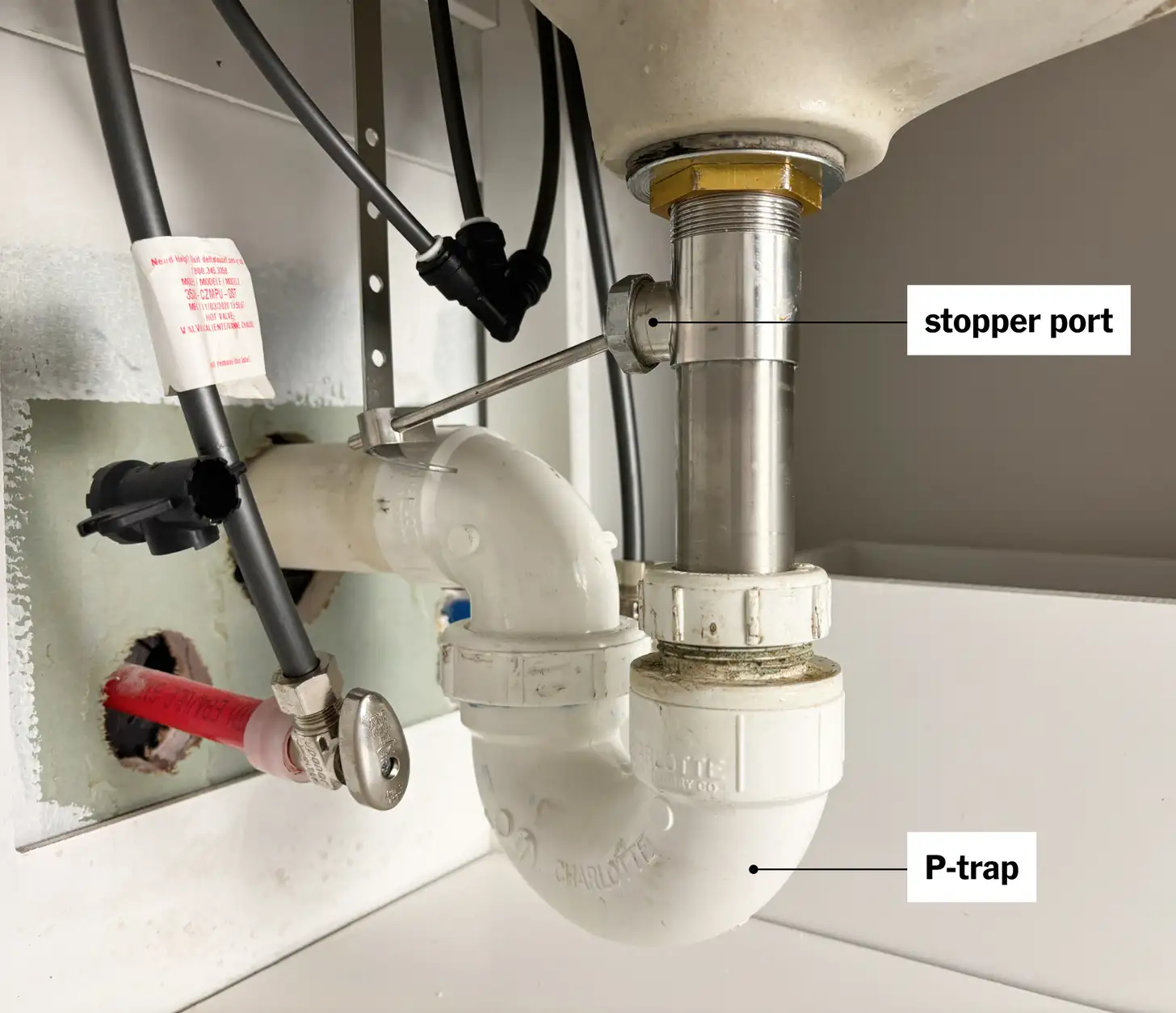 Under-sink plumbing diagram highlighting stopper port and P-trap
