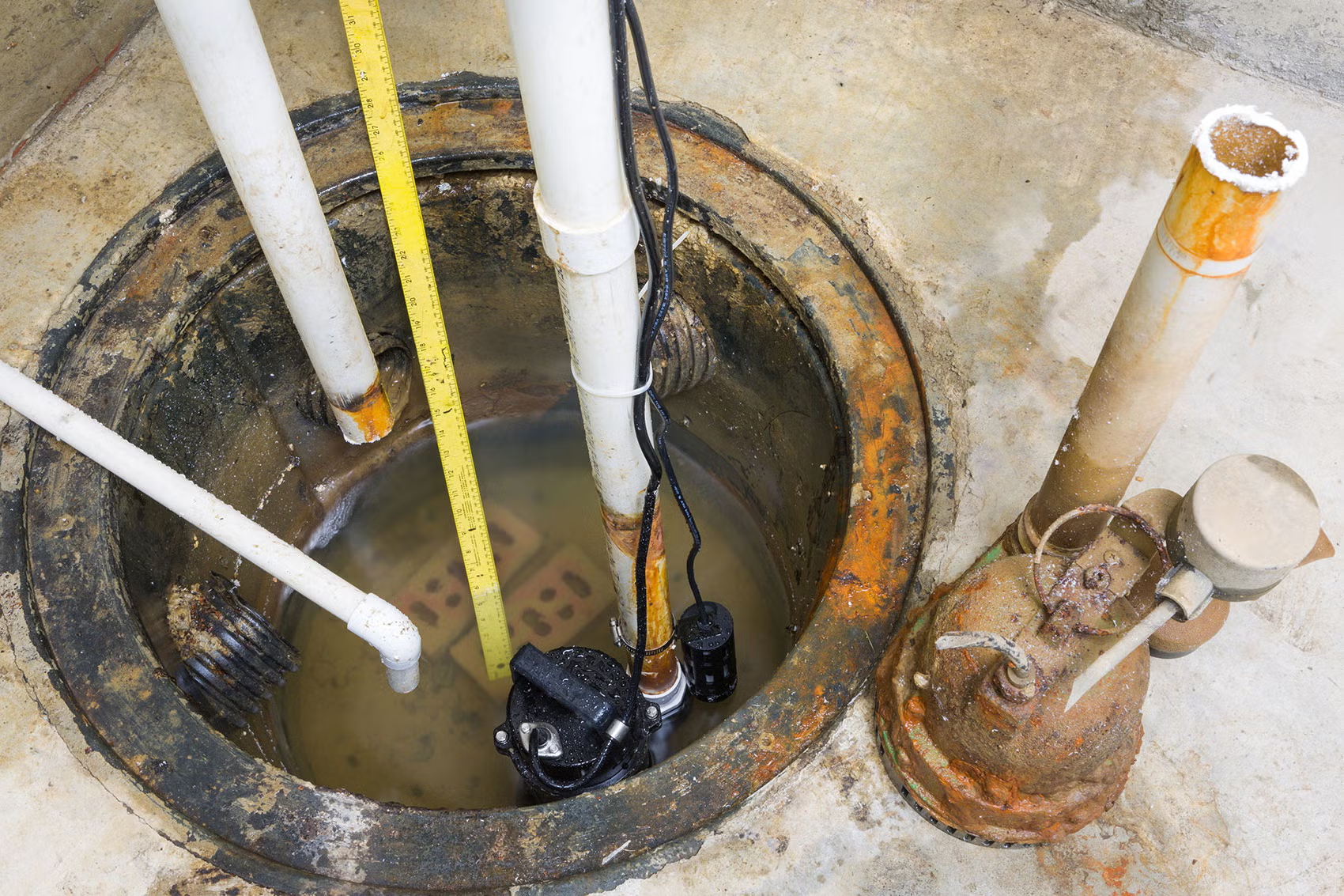 Sump pump basin depth measurement with submersible cast-iron pump in pit, float switch, and old rusted pump removed