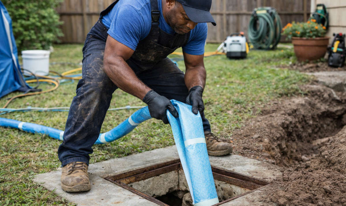 Plumber Inverting Blue CIPP Epoxy Resin Liner into Sewer Cleanout for Trenchless Relining